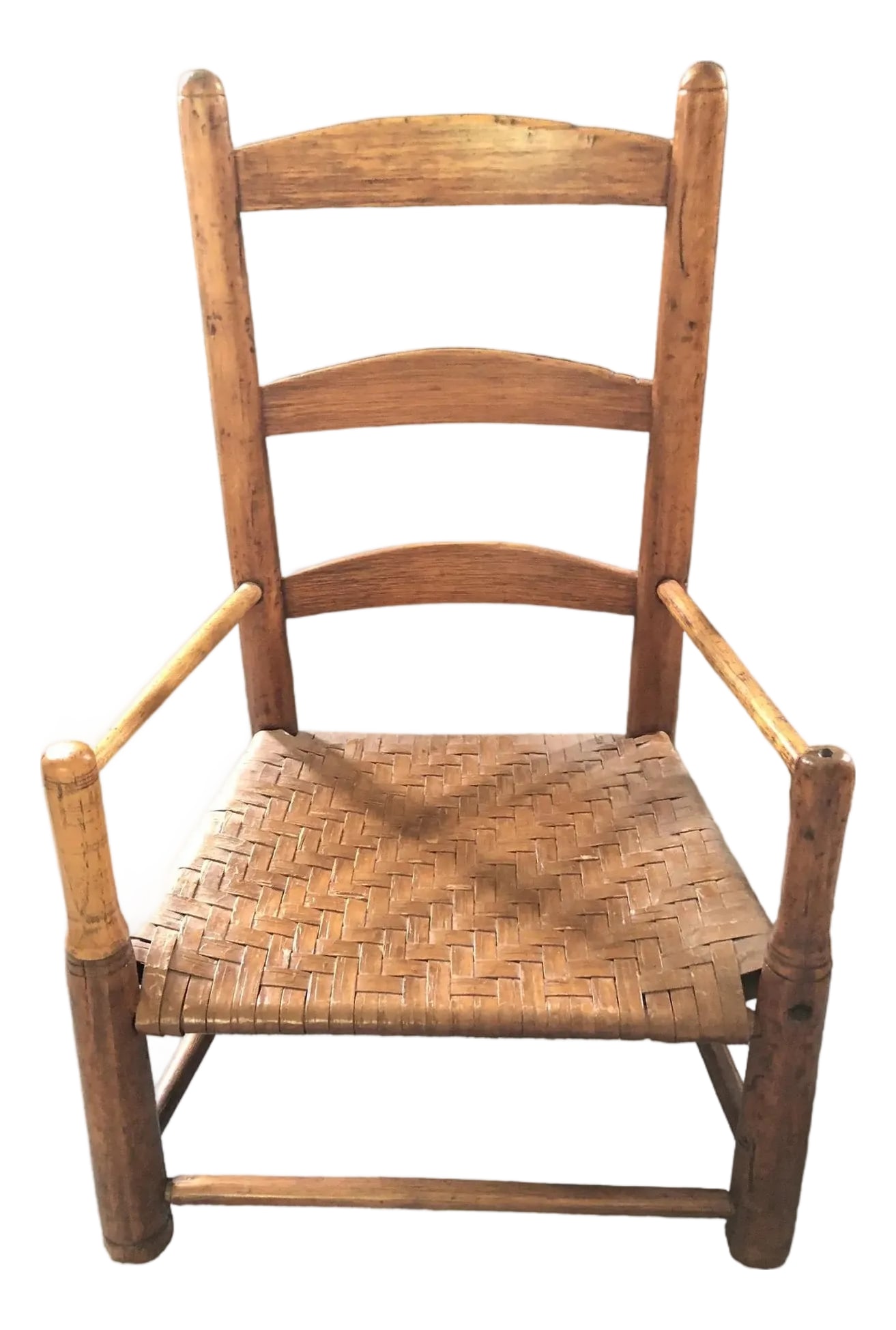 Antique Children's Ladder Back Splint Weave Seat Chair: Antique Children's Ladder Back Splint Weave Seat Chair with armrest. Handwoven seat, Shaker style. Late 19th. Very good original condition. Great for a child's room. Chair: 25"H, 15.5"W, 13"D, 8"