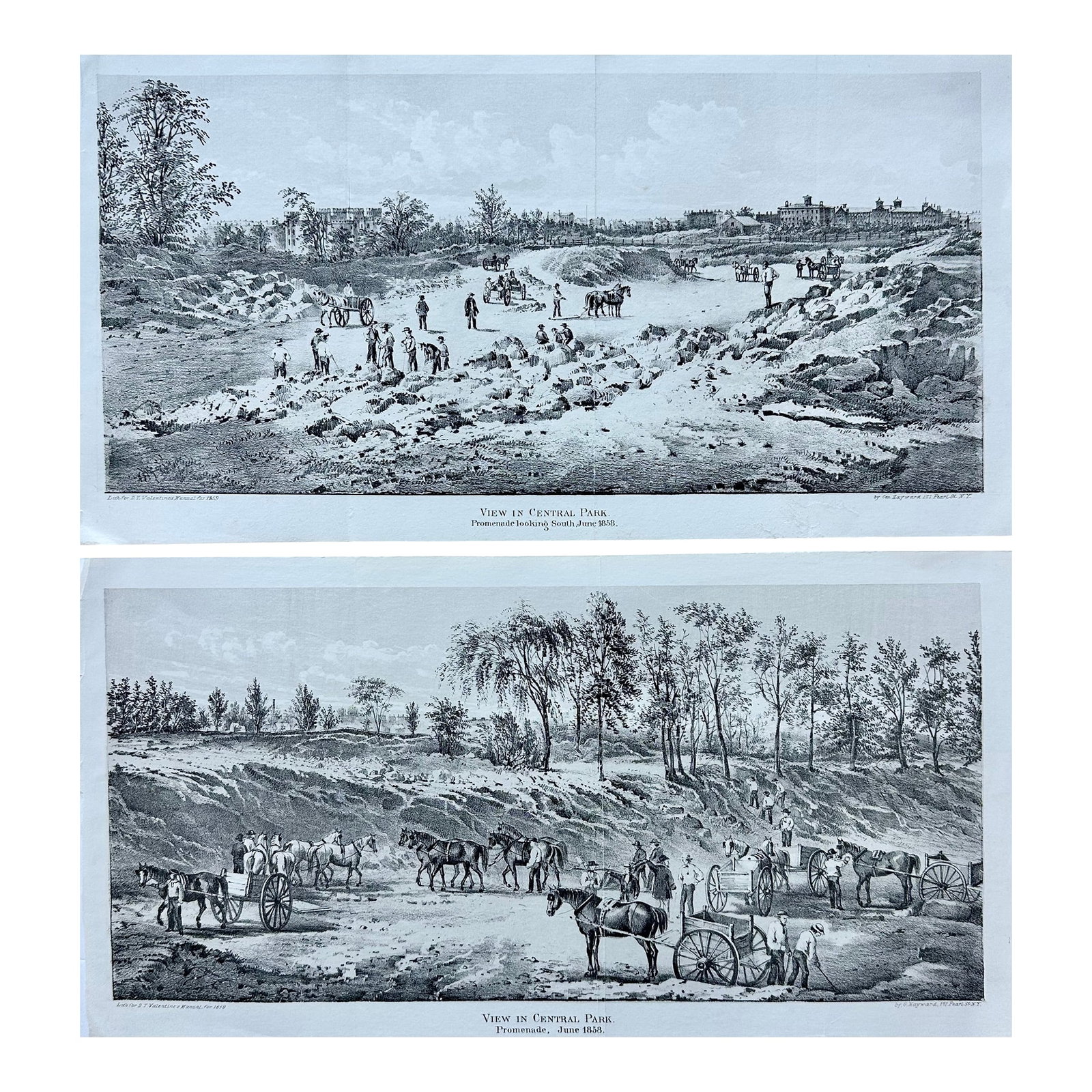 Central Park Engravings - Rare, Set of Two Historical Prints, Valentine's 1859: Pair of Original lithographic engravings documenting the earliest days of New York City's Central Park, dated June 1858 and June 1859. Published in D. T. Valentine's 1859 Manual of the Corporation of
