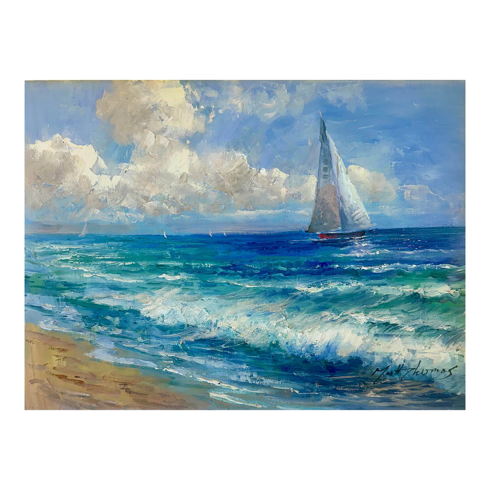 Coastal Sailboat Seascape Clouds - Original Oil Painting by Matt Thomas: Original oil painting on canvas signed by artist Matt Thomas, circa 2025. Thomas is a British painter known for his coastal and nautical scenes. The painting features rolling turquoise waves, a red-hu