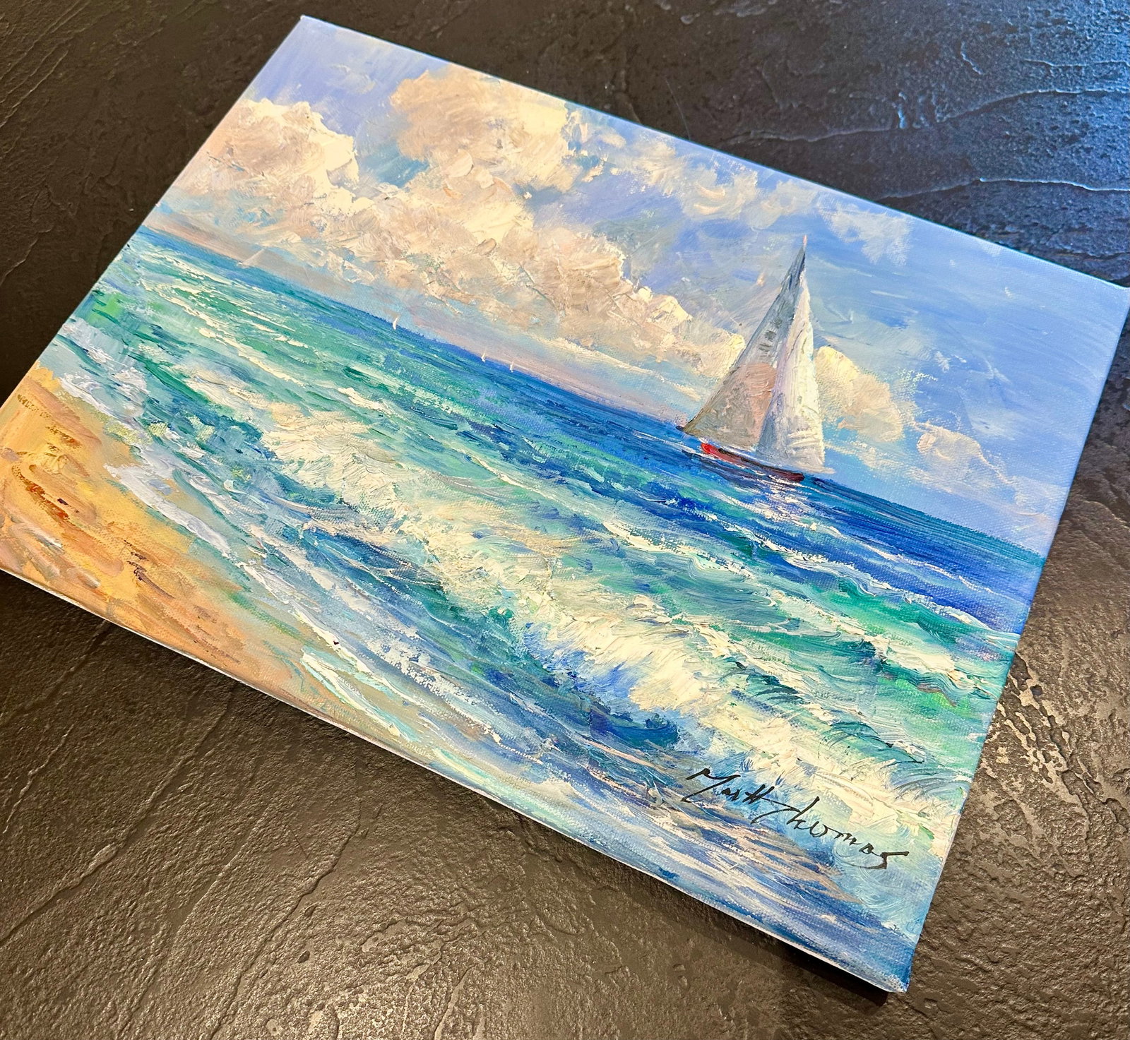 Coastal Sailboat Seascape Clouds - Original Oil Painting by Matt Thomas - 3