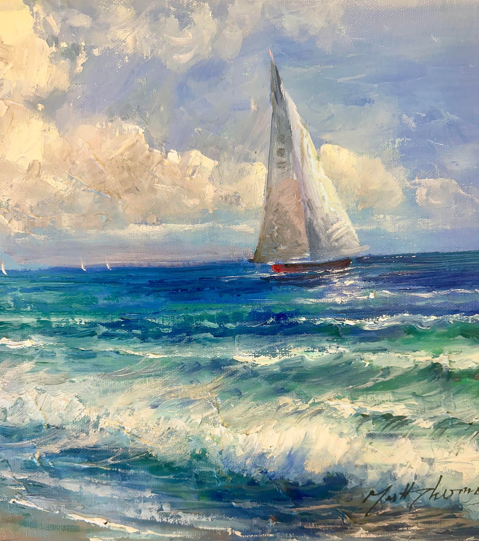 Coastal Sailboat Seascape Clouds - Original Oil Painting by Matt Thomas - 5