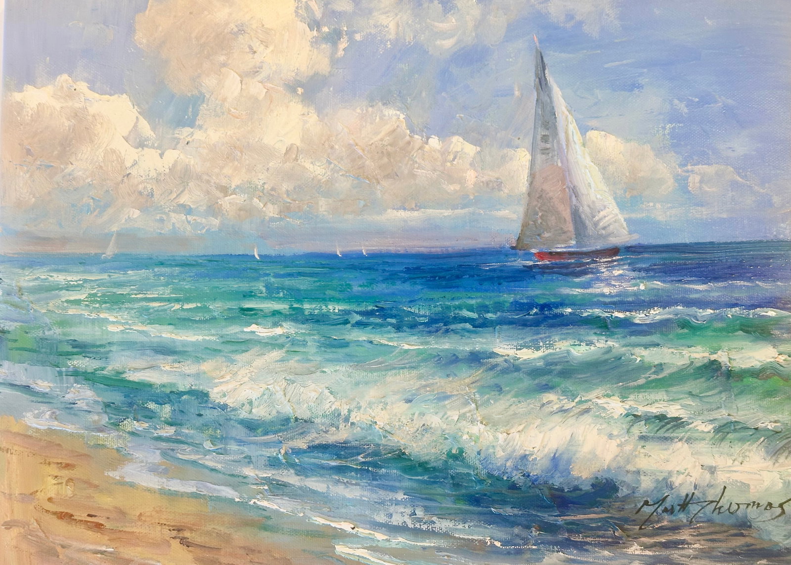Coastal Sailboat Seascape Clouds - Original Oil Painting by Matt Thomas - 7