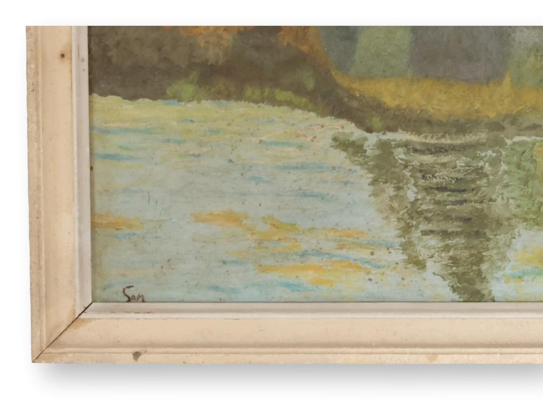 French Landscape Painting on Canvas, Barn on a River - 3