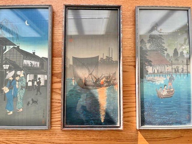 Early 20th Century Hiroshige Night Prints: 14.5x6.5" Trio in Antique Henry Swasey Frames - 12