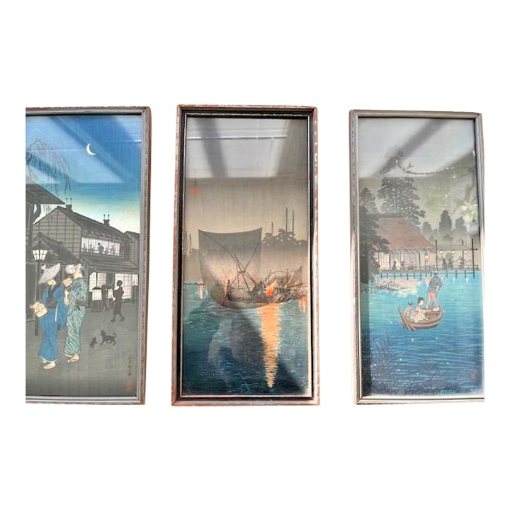 Early 20th Century Hiroshige Night Prints: 14.5x6.5" Trio in Antique Henry Swasey Frames (1 of 18)