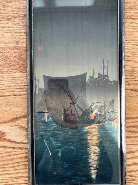 Early 20th Century Hiroshige Night Prints: 14.5x6.5" Trio in Antique Henry Swasey Frames - 9