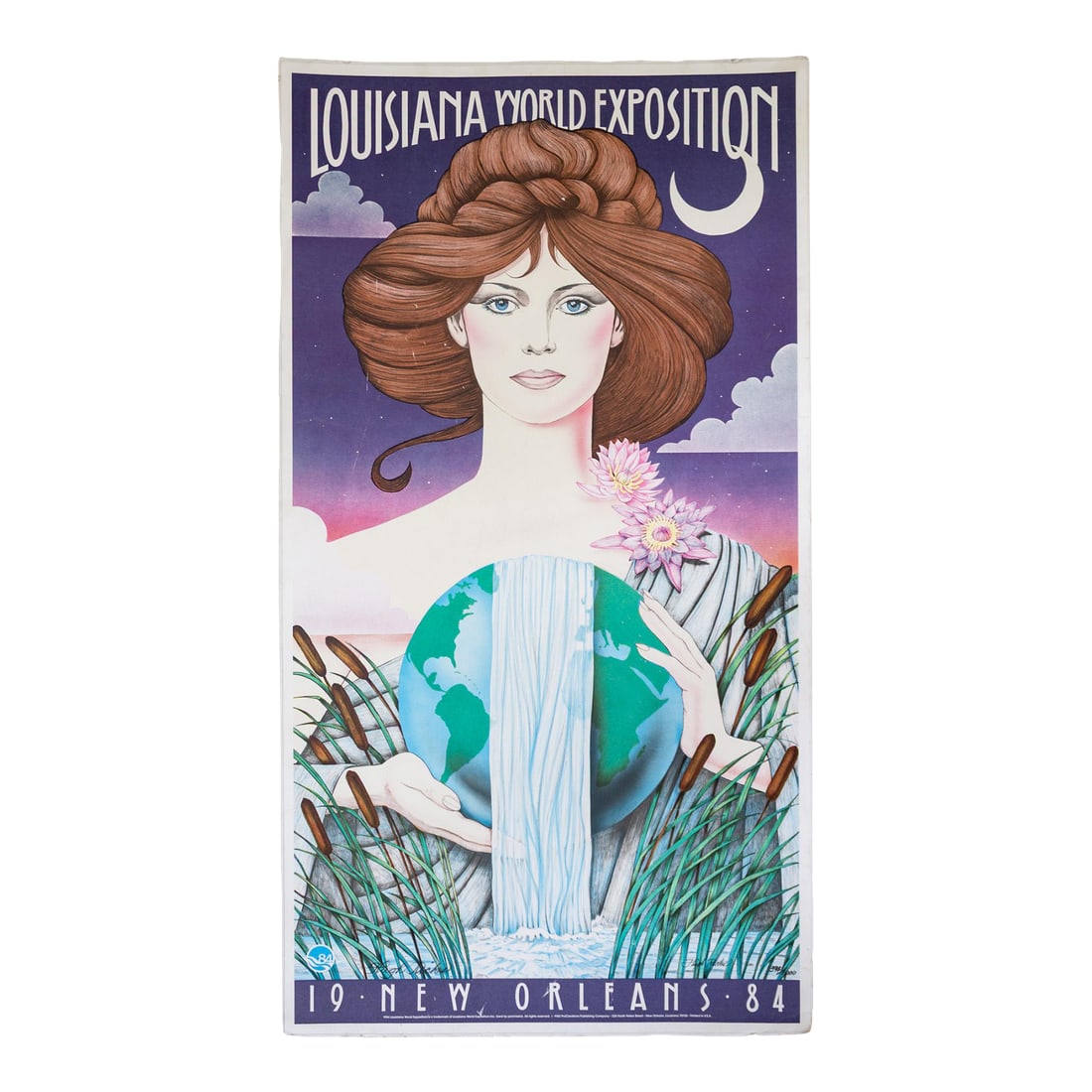 New Orleans Louisiana 1984 World Exposition Poster Limited Edition Signed Hugh Ricks: A signed and numbered Hugh Ricks 1984 Louisiana World Exposition matte poster on pressboard, commemorating the New Orleans event that ran from May to November 1984, attracting 7 million visitors. Its 