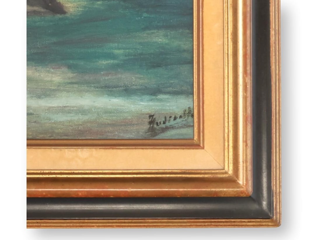 Atmospheric French Rocky Coast Painting, Signed - 3