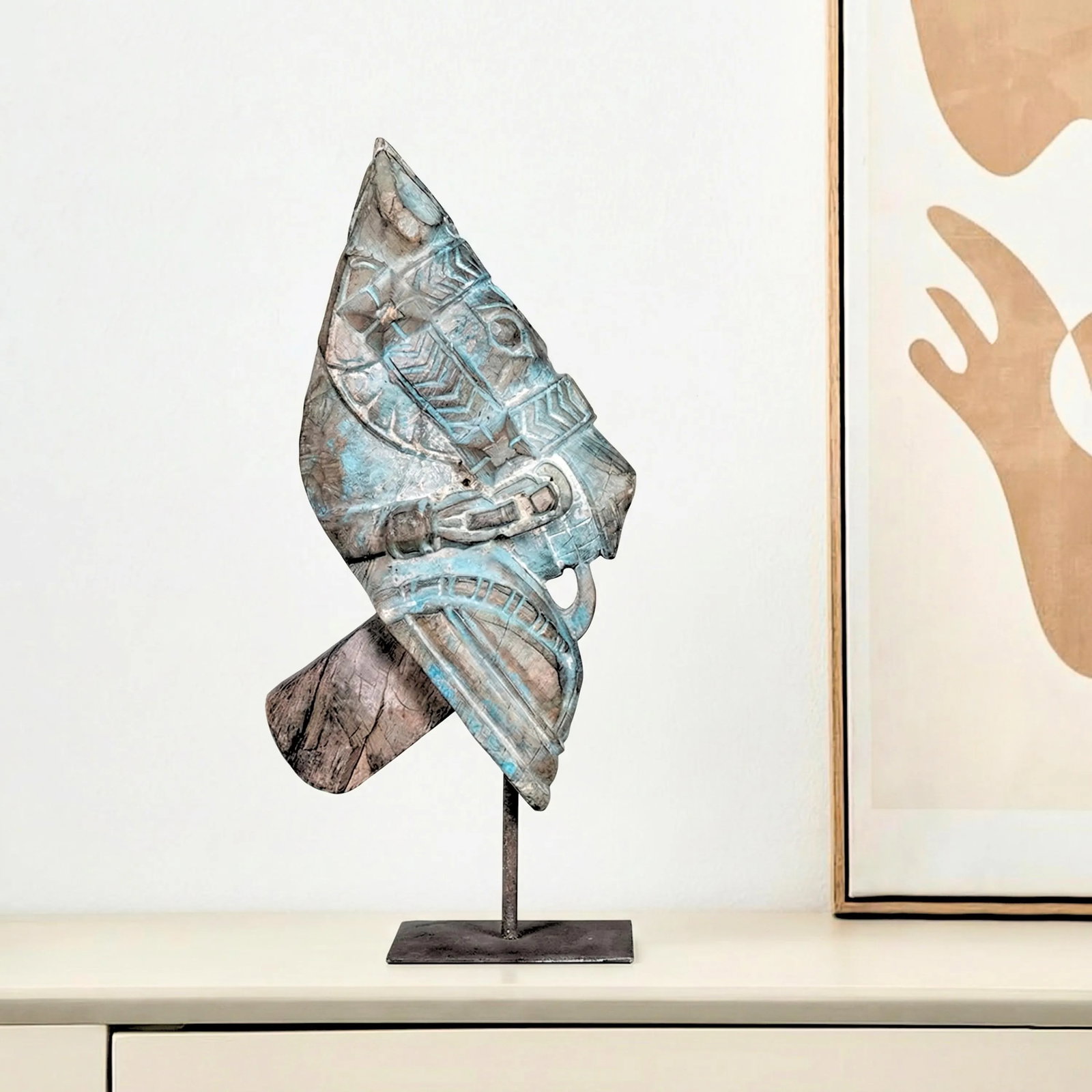 Hand Carved Wood Horse Corbel on Stand | Rustic Farmhouse Table Decor | Distressed Blue Vintage Eque - 2