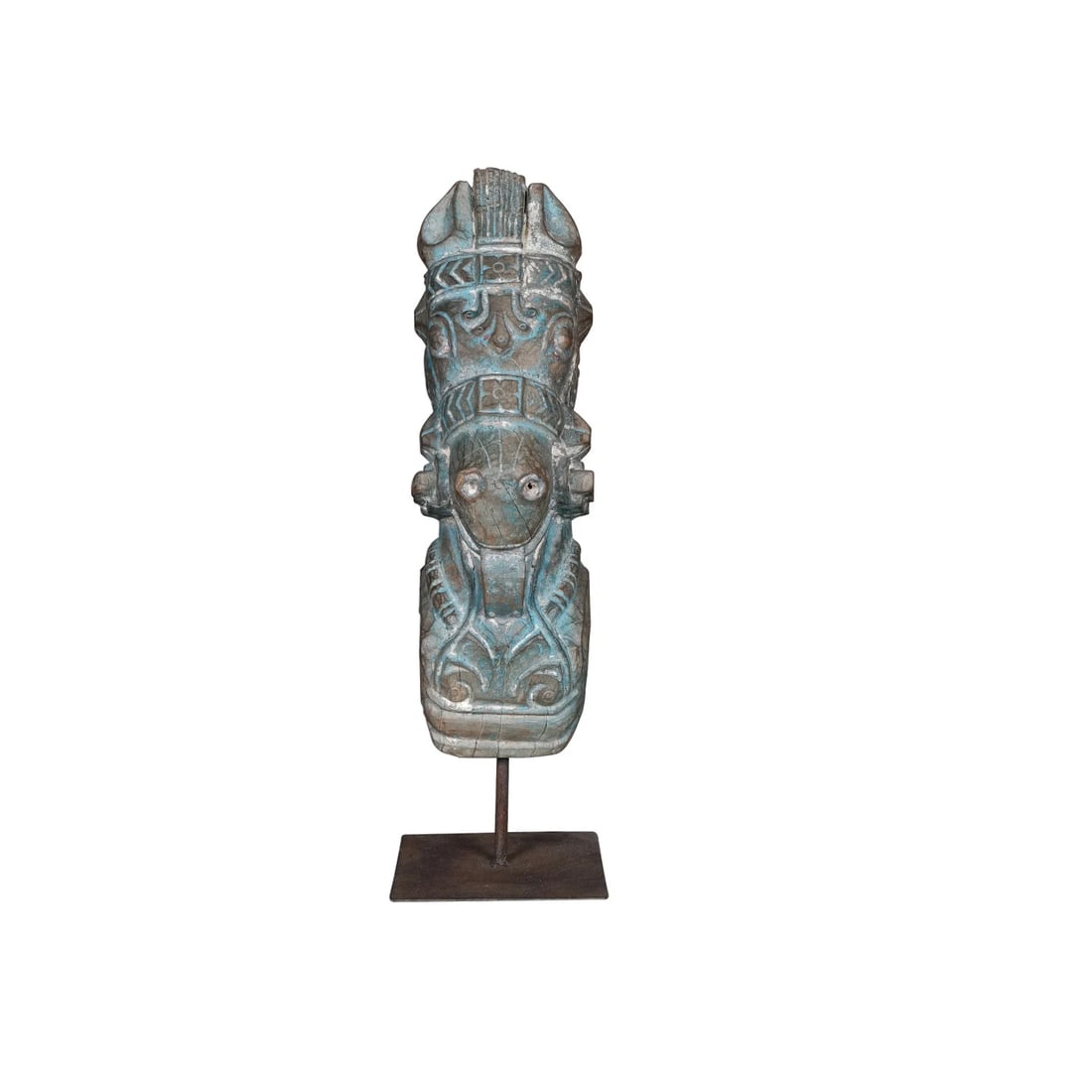 Hand Carved Wood Horse Corbel on Stand | Rustic Farmhouse Table Decor | Distressed Blue Vintage Eque - 3