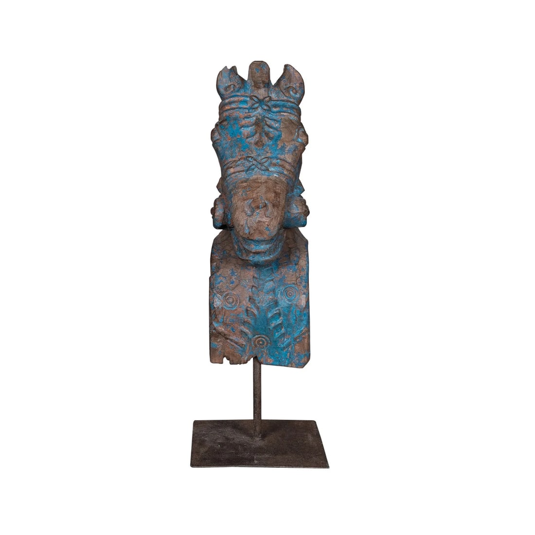 Hand Carved Wood Horse Corbel on Stand | Rustic Farmhouse Table Decor | Distressed Blue Vintage Eque - 5