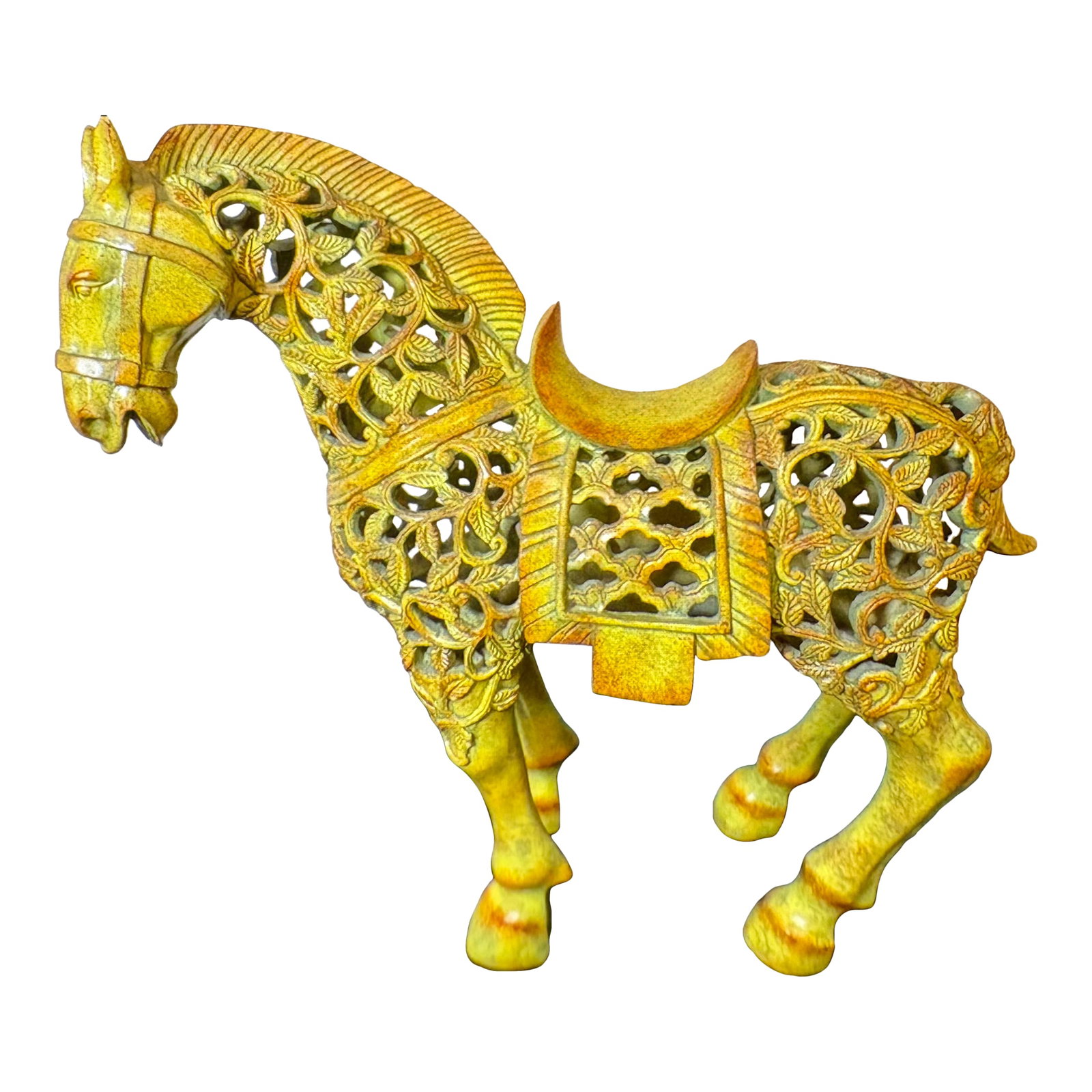 1960s Chunar Vintage Tang Horse Sculpture by Austin Productions: The Chunar vintage tang horse sculpture by Austin productions made during the 1960's is a beautiful recreation of the Tang dynasty's carved sculptures. The sculpture is of beautiful leaf and vine.
