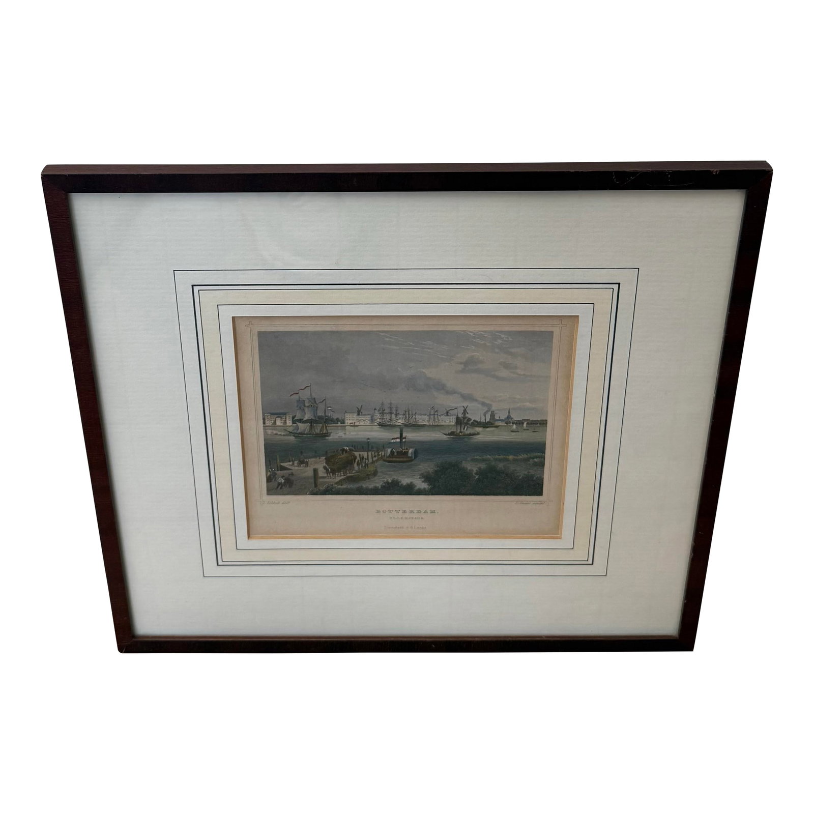 Antique 1860s Colored Steel Engraving From the Netherlands: Antique framed steel engraving of a panoramic view of the Willemskade in Rotterdam, published by G.G. Lange in Darmstadt circa 1860s. The original drawing was done by Ludwig Rohbock (1824-1893) and