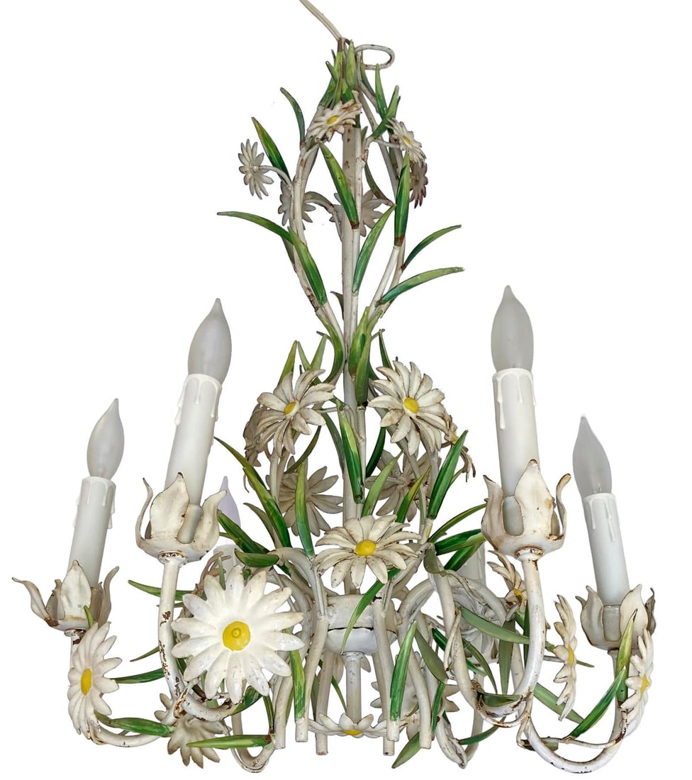 Vintage Italian Tole Daisy Chandelier - 6 Arms - 12