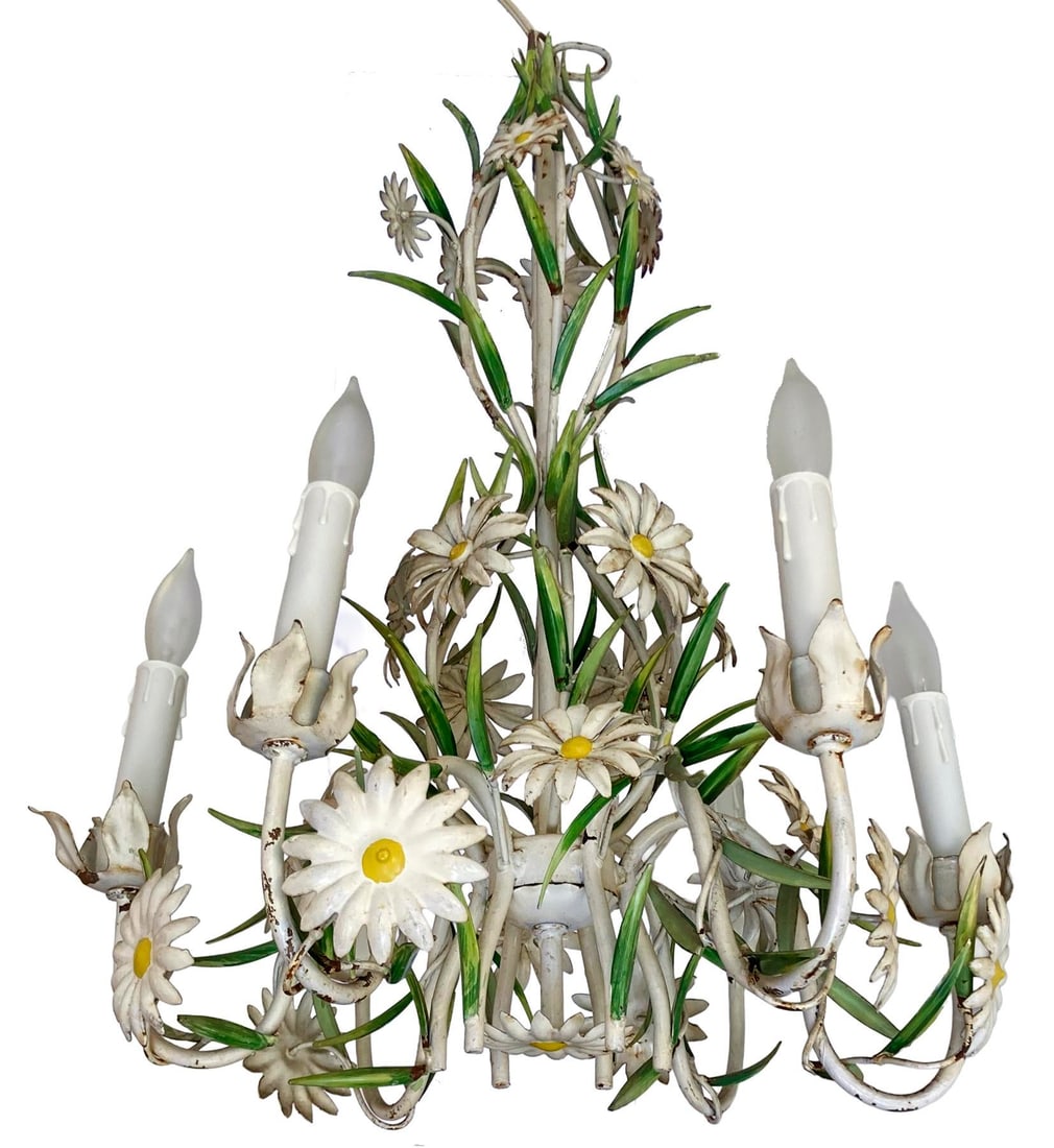 Vintage Italian Tole Daisy Chandelier - 6 Arms - 13
