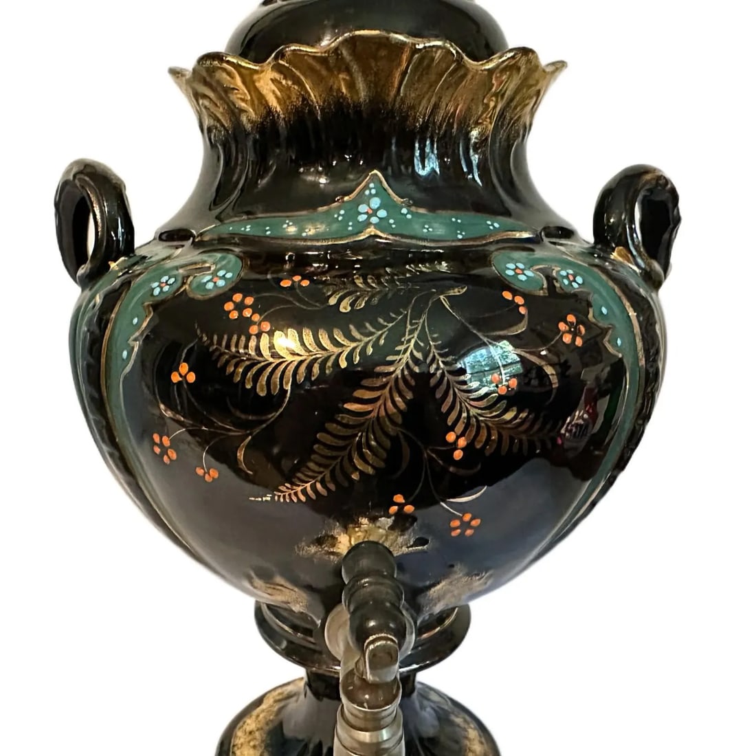 Antique 1880s Victorian Jackfield Pottery Gilt Samovar - English Tea Urn - England - 6