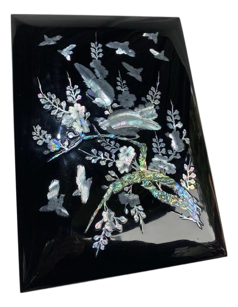 Late 20th Century Korean Mother-of-Pearl Lacquer Document Box With Birds & Blossoms: This elegant Korean lacquer document box is finished in a deep piano-black lacquer and richly inlaid with mother-of-pearl depicting birds in flight among flowering branches. Crafted using the