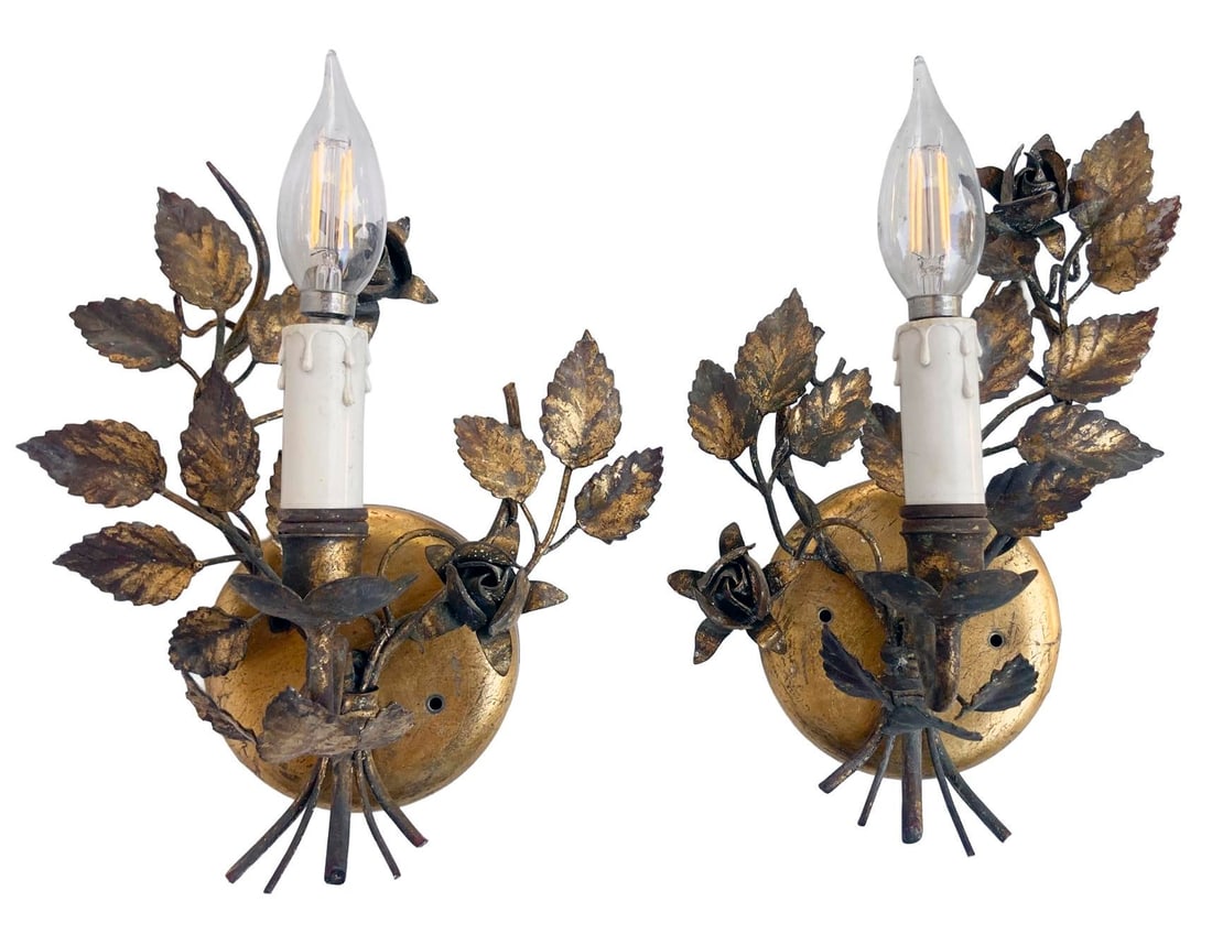 Vintage Florentine Gold Gilt Metal Rose Sconces - a Pair - 13