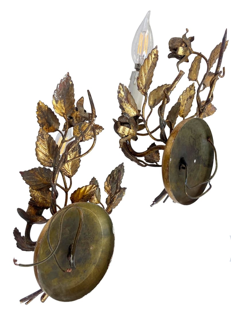 Vintage Florentine Gold Gilt Metal Rose Sconces - a Pair - 14