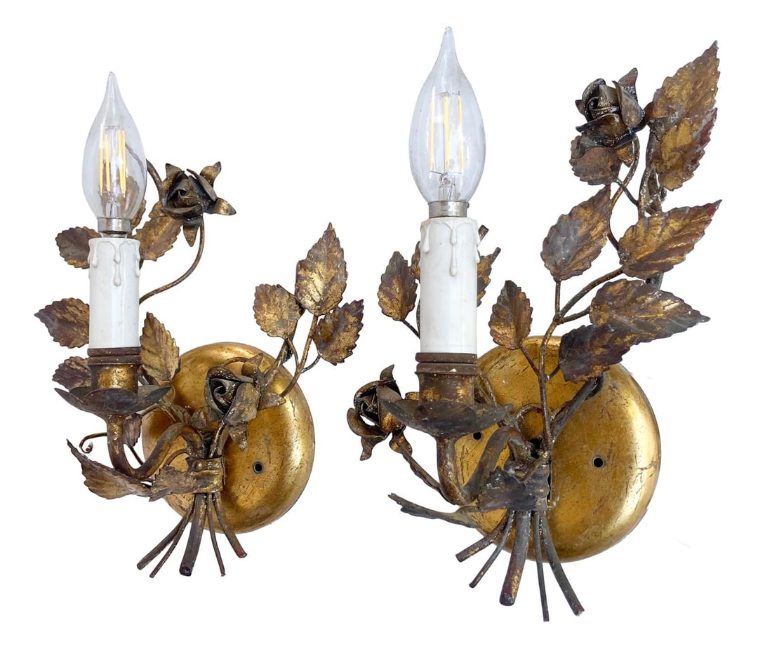 Vintage Florentine Gold Gilt Metal Rose Sconces - a Pair - 2