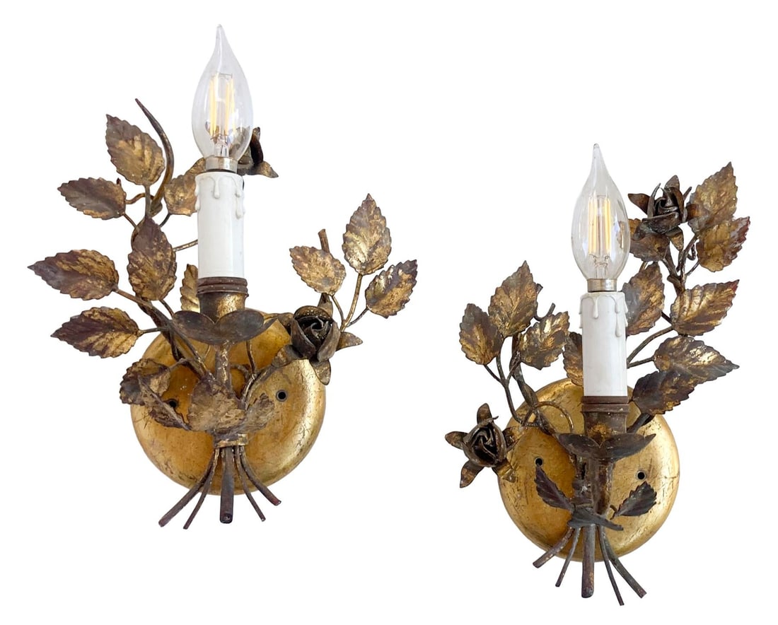 Vintage Florentine Gold Gilt Metal Rose Sconces - a Pair - 3
