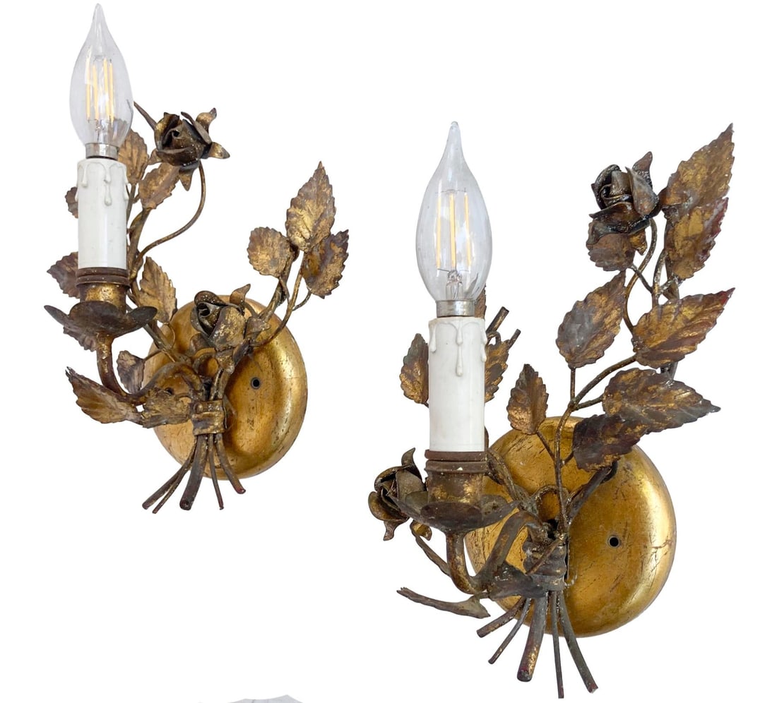 Vintage Florentine Gold Gilt Metal Rose Sconces - a Pair - 4
