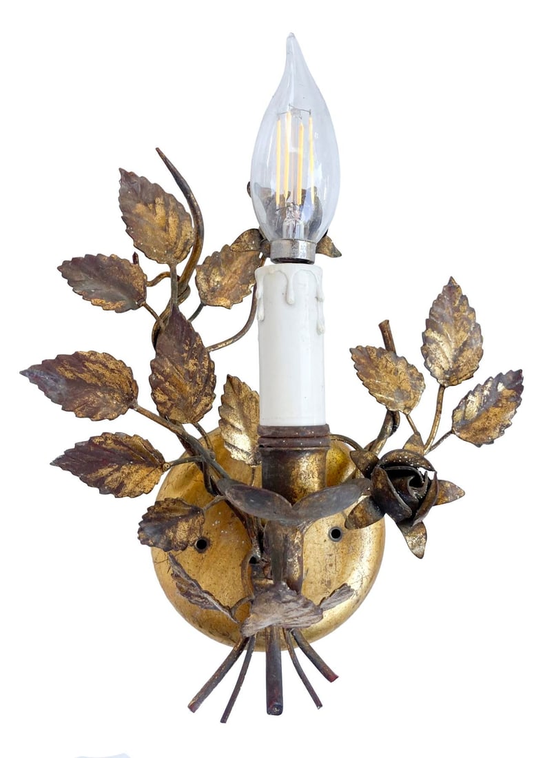 Vintage Florentine Gold Gilt Metal Rose Sconces - a Pair - 5