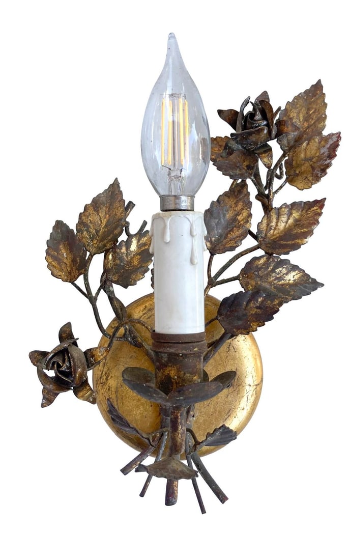 Vintage Florentine Gold Gilt Metal Rose Sconces - a Pair - 6