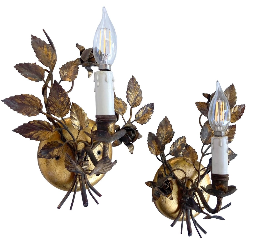 Vintage Florentine Gold Gilt Metal Rose Sconces - a Pair - 7
