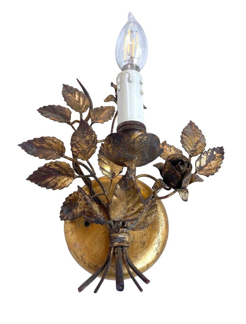 Vintage Florentine Gold Gilt Metal Rose Sconces - a Pair - 8