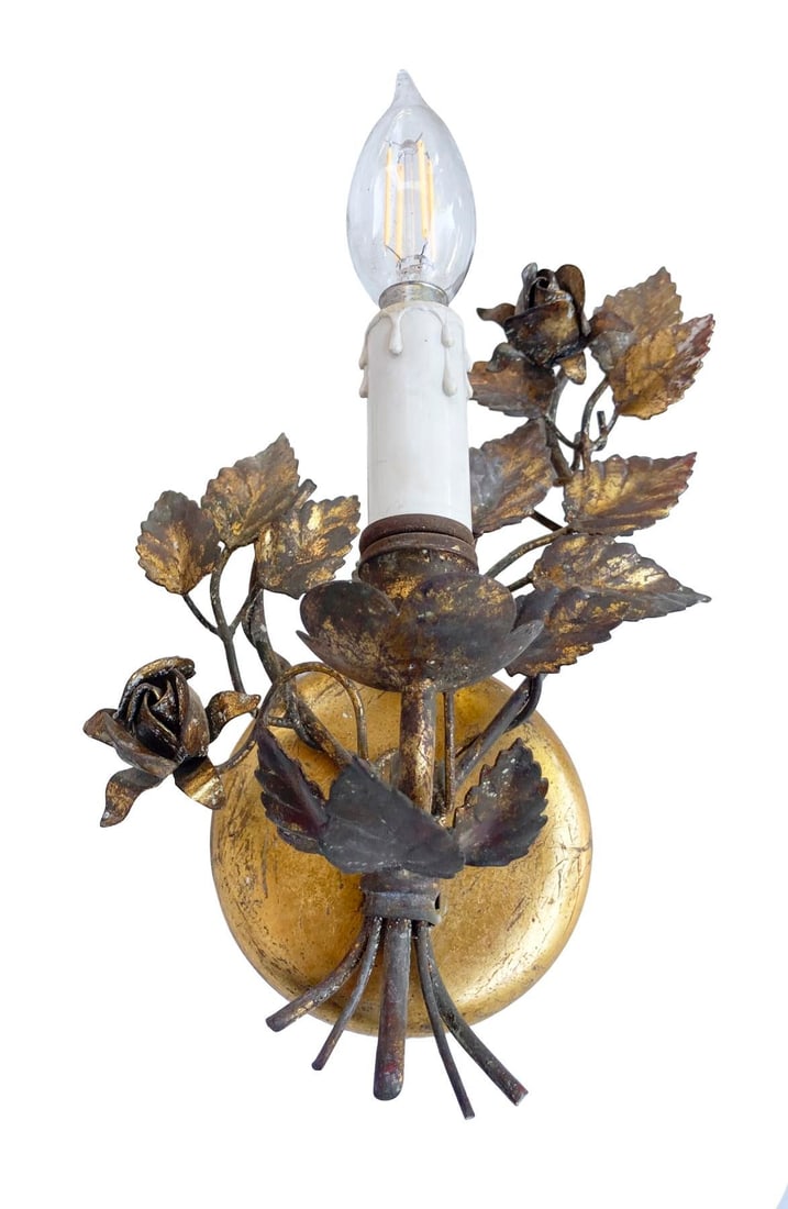 Vintage Florentine Gold Gilt Metal Rose Sconces - a Pair - 9