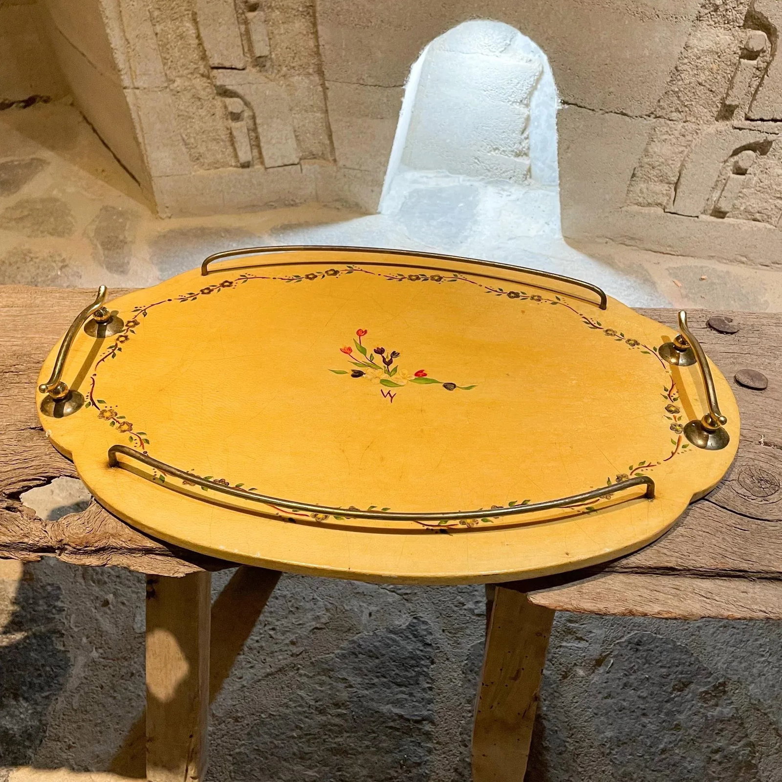 1960s Aldo Tura Goatskin Wood & Brass Floral Design Service Tray - 13