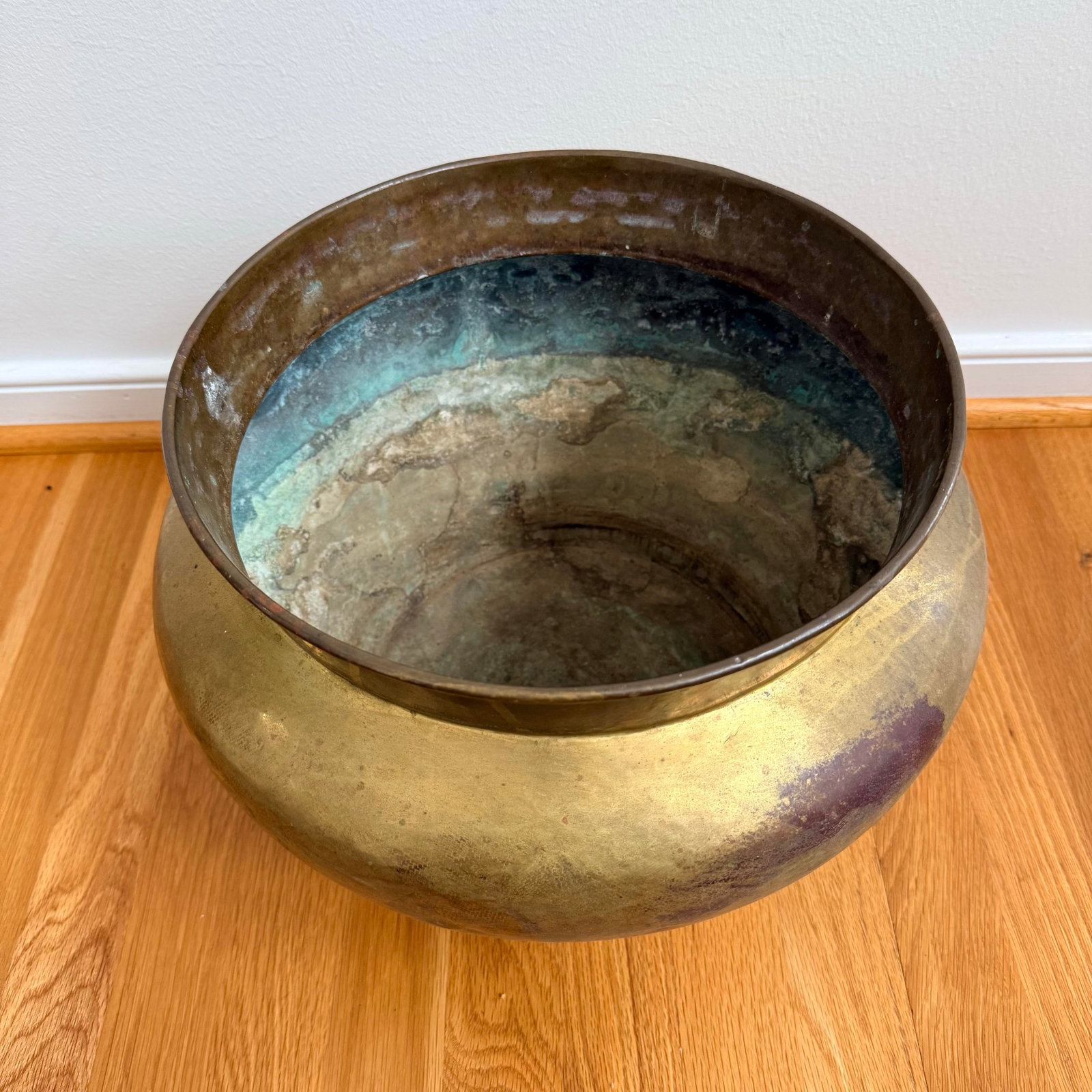 Antique Hand-Hammered Brass Vessel / Planter With Aged Patina - 3