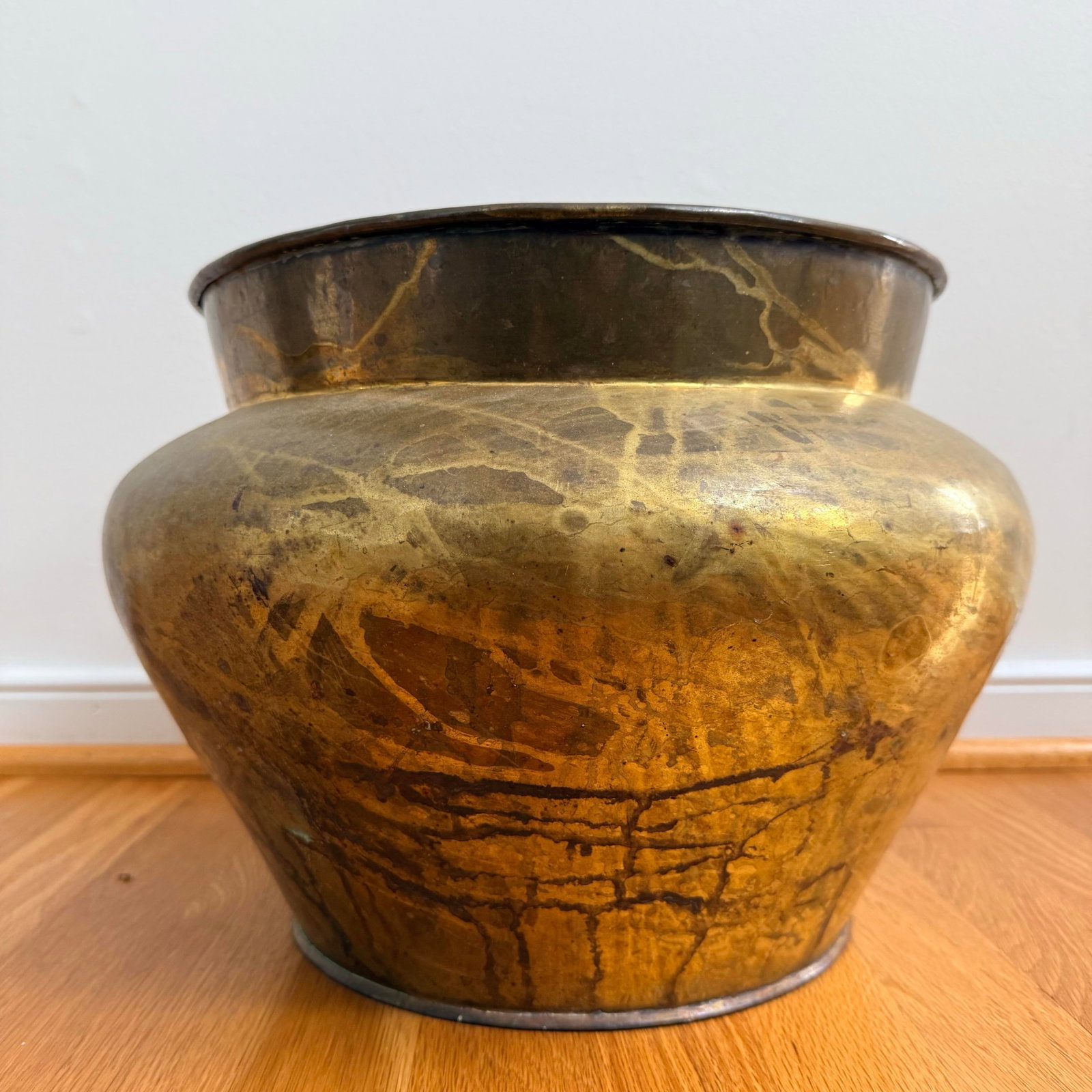 Antique Hand-Hammered Brass Vessel / Planter With Aged Patina - 4