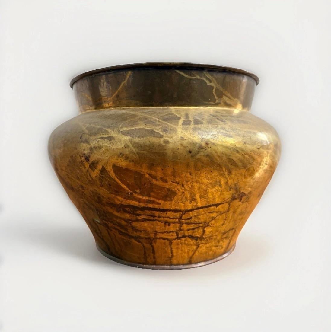 Antique Hand-Hammered Brass Vessel / Planter With Aged Patina - 9