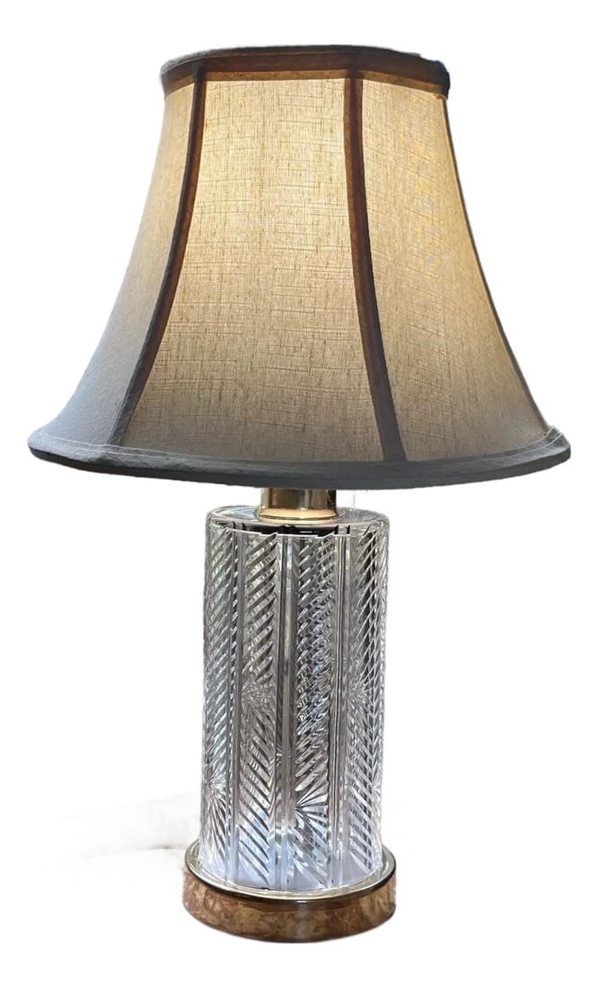 Vintage Waterford Sheila Crystal Table Lamp | 20" Tall | Polished Brass Base: Elevate your interior with this stunning, authentic Waterford Crystal table lamp in the iconic "Sheila" pattern. Standing 20 inches tall, this piece features deep, hand-cut vertical wedge cuts that