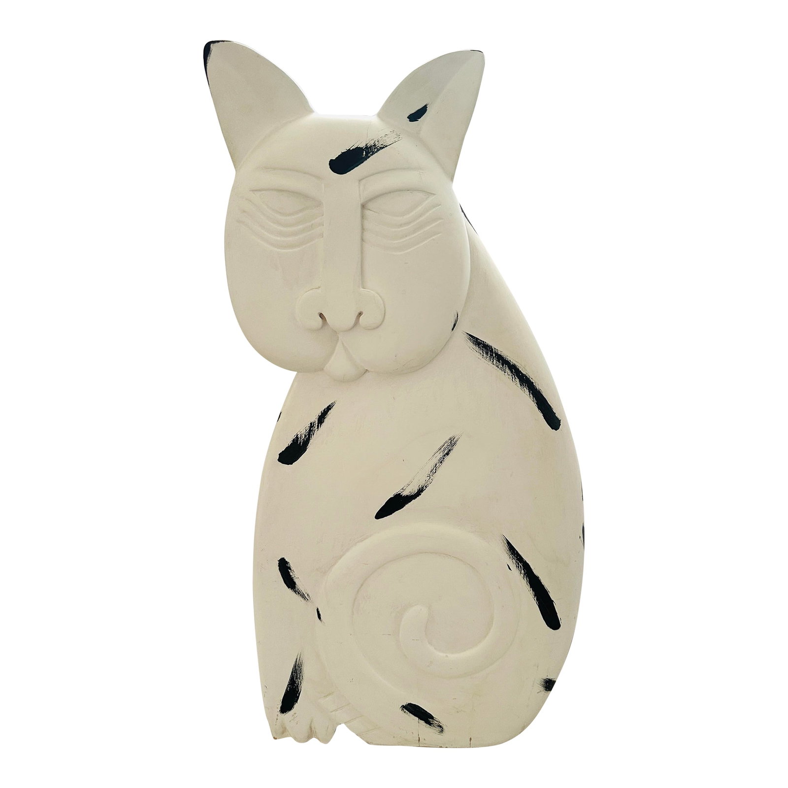 White & Black Carved Wood Cat by Laurel Burch: Large White and Black carved wood cat sculpture by Artist Laurel Burch. Perfect by a front entry way table or coat rack. Laurel Burch (1945-2007) was a self-taught artist renowned for her whimsical,