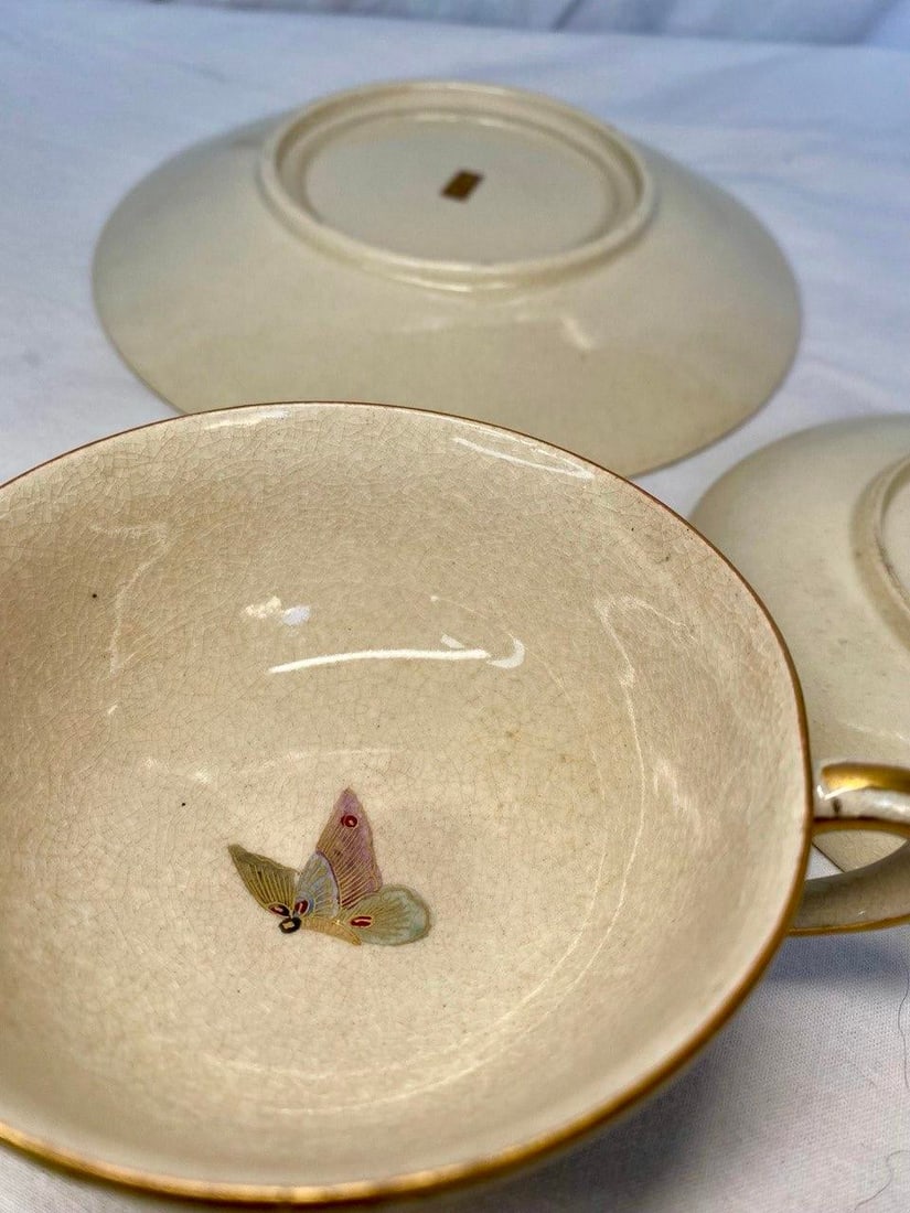 Antique Japanese Satsuma Butterfly Tea Cup, Saucer & Plate - Set of 3 - 10