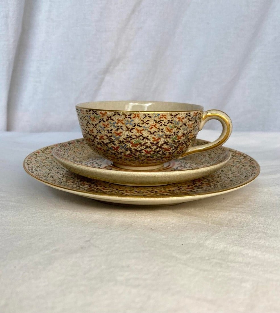 Antique Japanese Satsuma Butterfly Tea Cup, Saucer & Plate - Set of 3 - 2