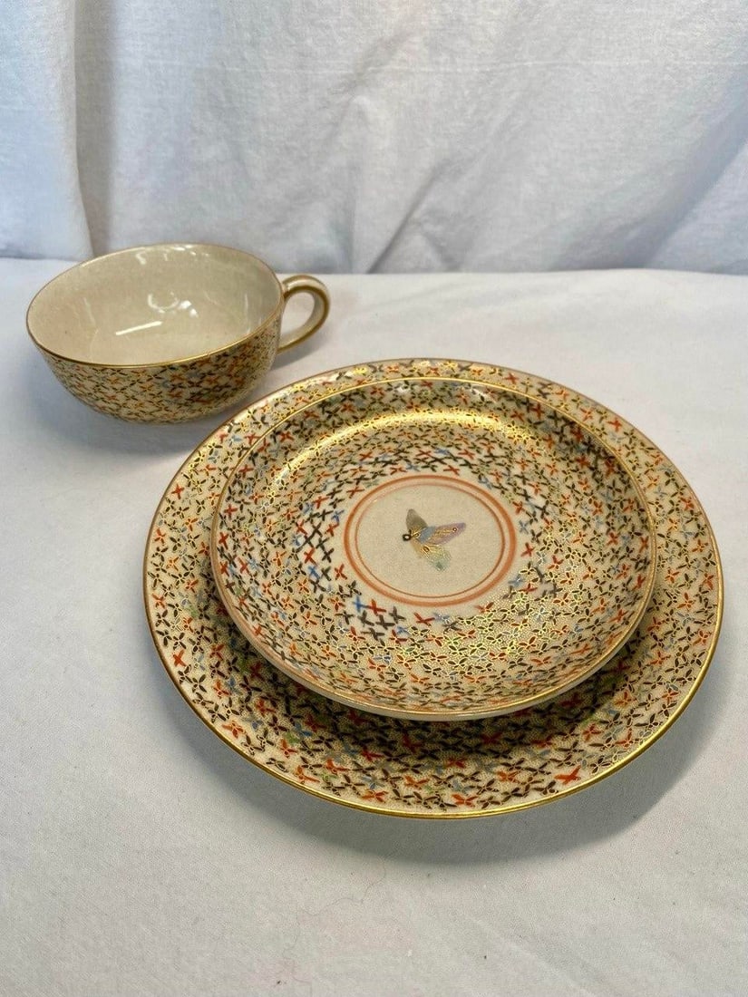 Antique Japanese Satsuma Butterfly Tea Cup, Saucer & Plate - Set of 3 - 4