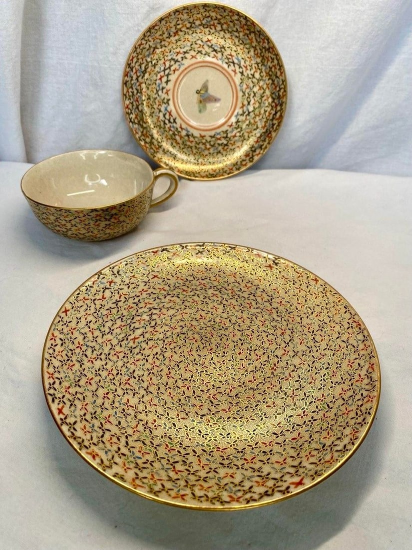 Antique Japanese Satsuma Butterfly Tea Cup, Saucer & Plate - Set of 3 - 5