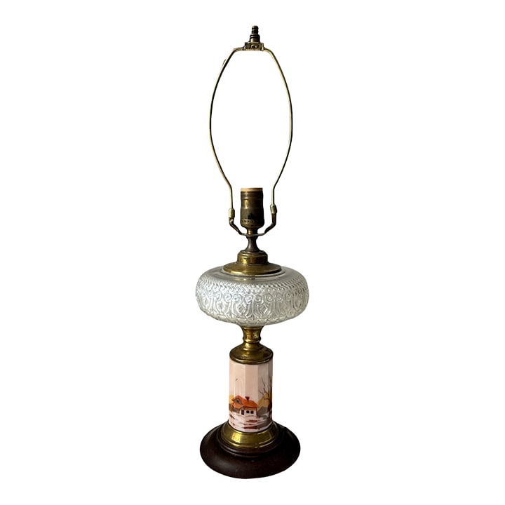 Antique Victorian Hand Painted Custard Glass Eapg Electrified Oil Lamp: Antique Victorian Hand Painted Custard Glass EAPG Electrified Oil Lamp This is a late 19th century Victorian era oil lamp that was converted to electric. This features an EAPG clear reservoir that is 