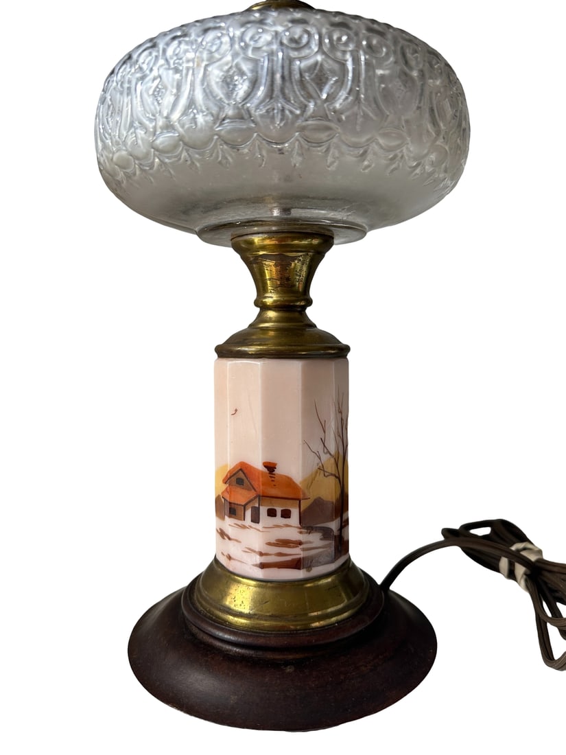 Antique Victorian Hand Painted Custard Glass Eapg Electrified Oil Lamp - 3