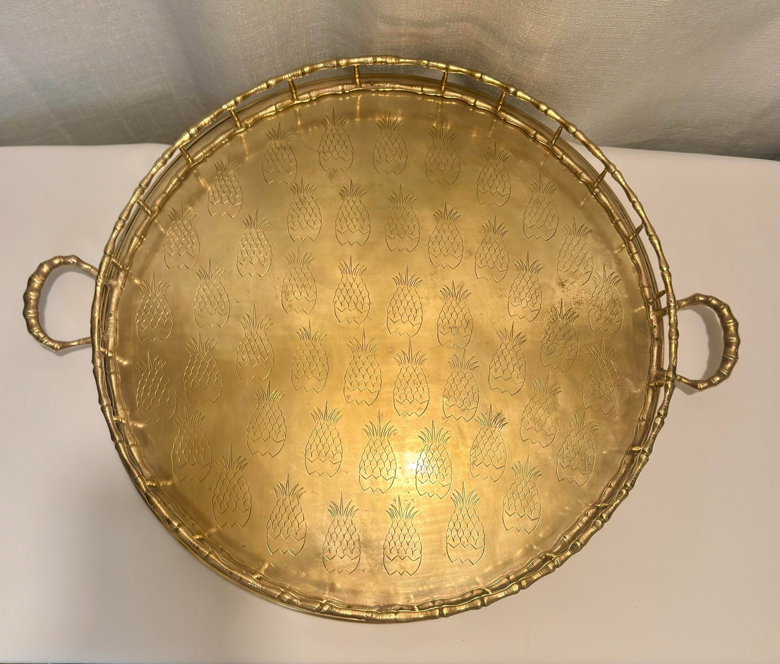 Monumental 1970s Etched Pineapple & Faux Bamboo Brass Round Tray by Turtle and Crane - Styled After - 2