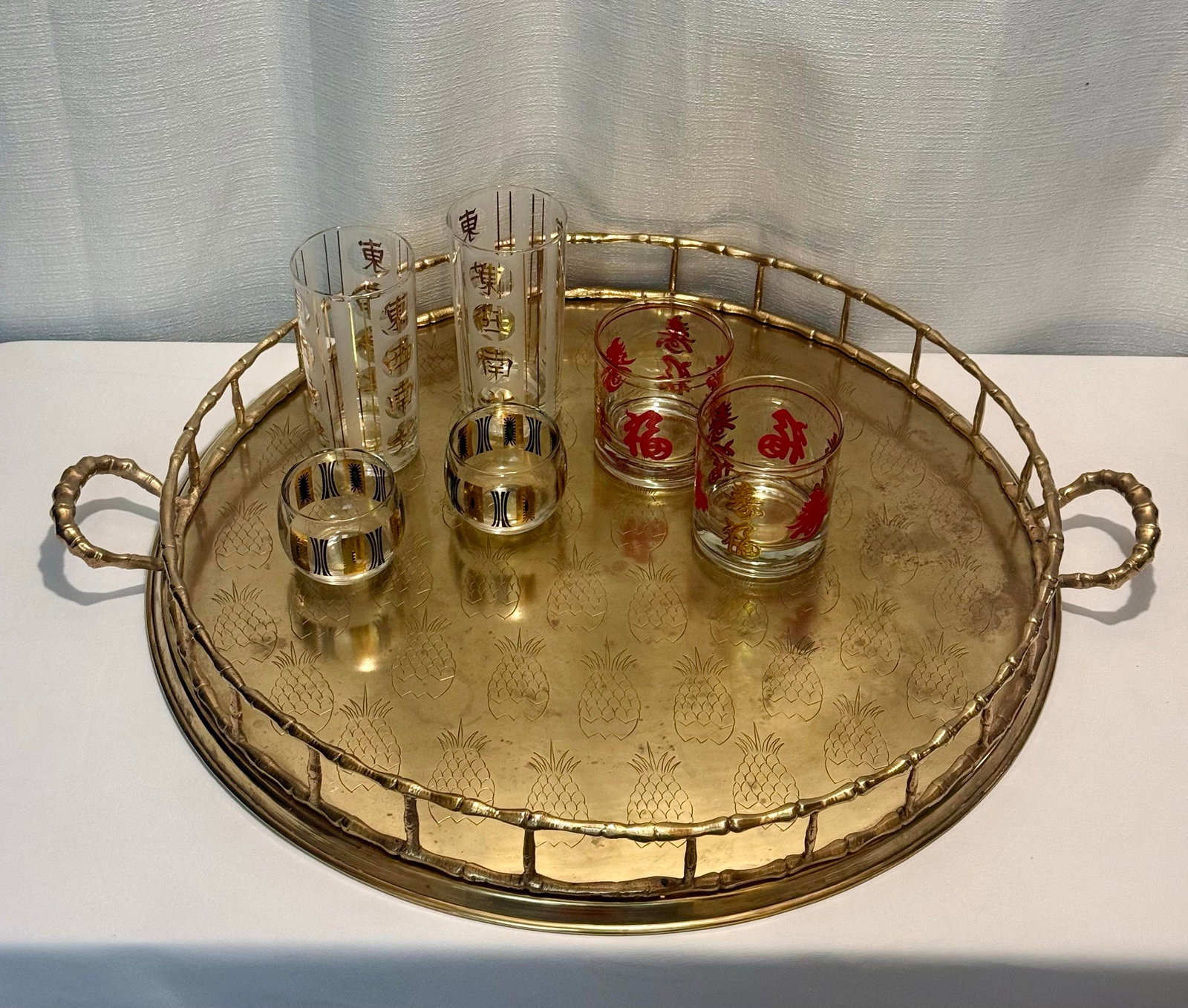 Monumental 1970s Etched Pineapple & Faux Bamboo Brass Round Tray by Turtle and Crane - Styled After - 4