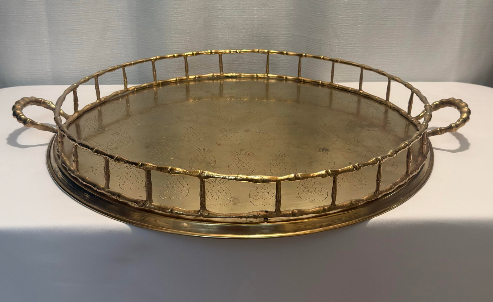 Monumental 1970s Etched Pineapple & Faux Bamboo Brass Round Tray by Turtle and Crane - Styled After - 5