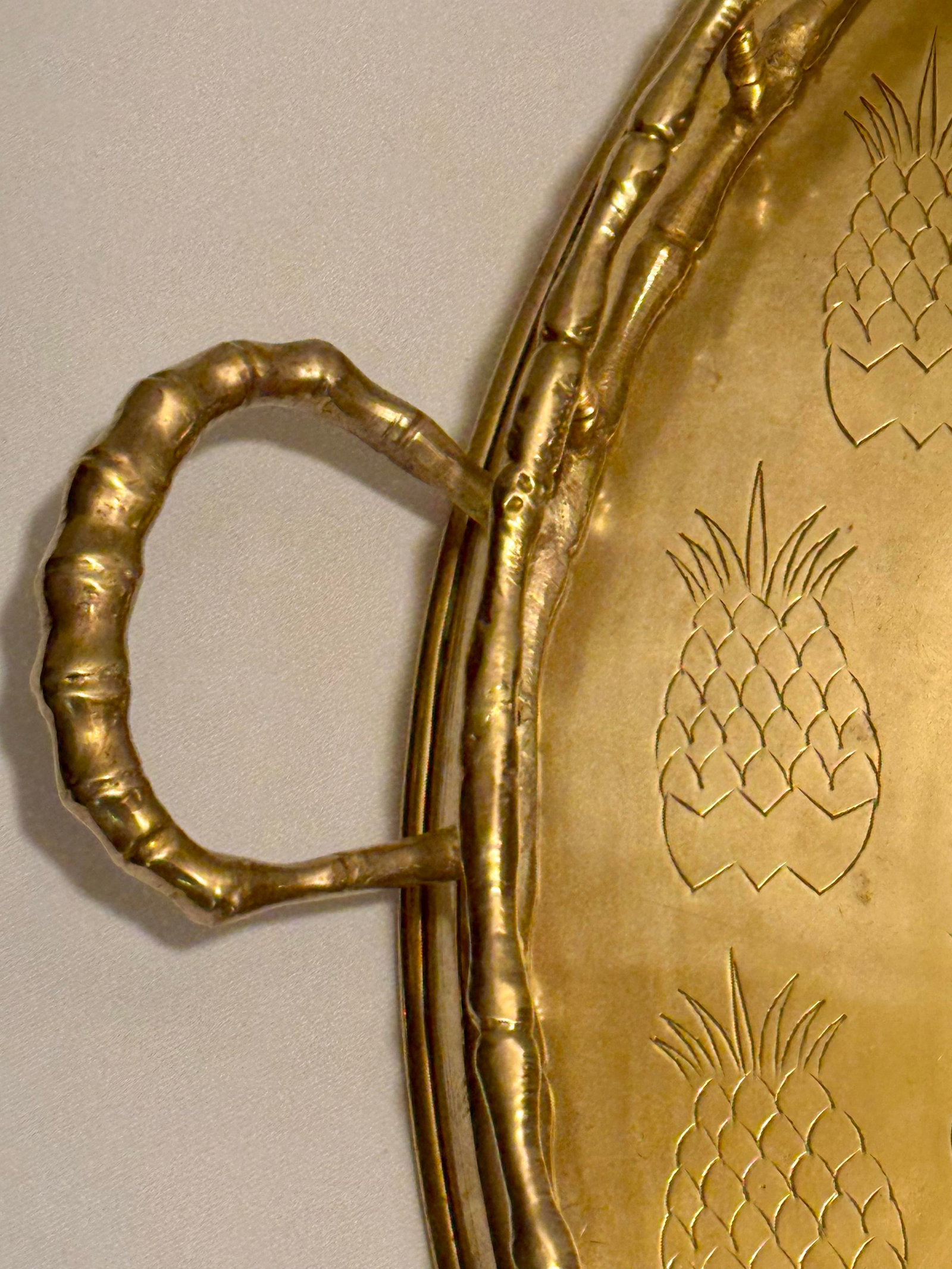 Monumental 1970s Etched Pineapple & Faux Bamboo Brass Round Tray by Turtle and Crane - Styled After - 6