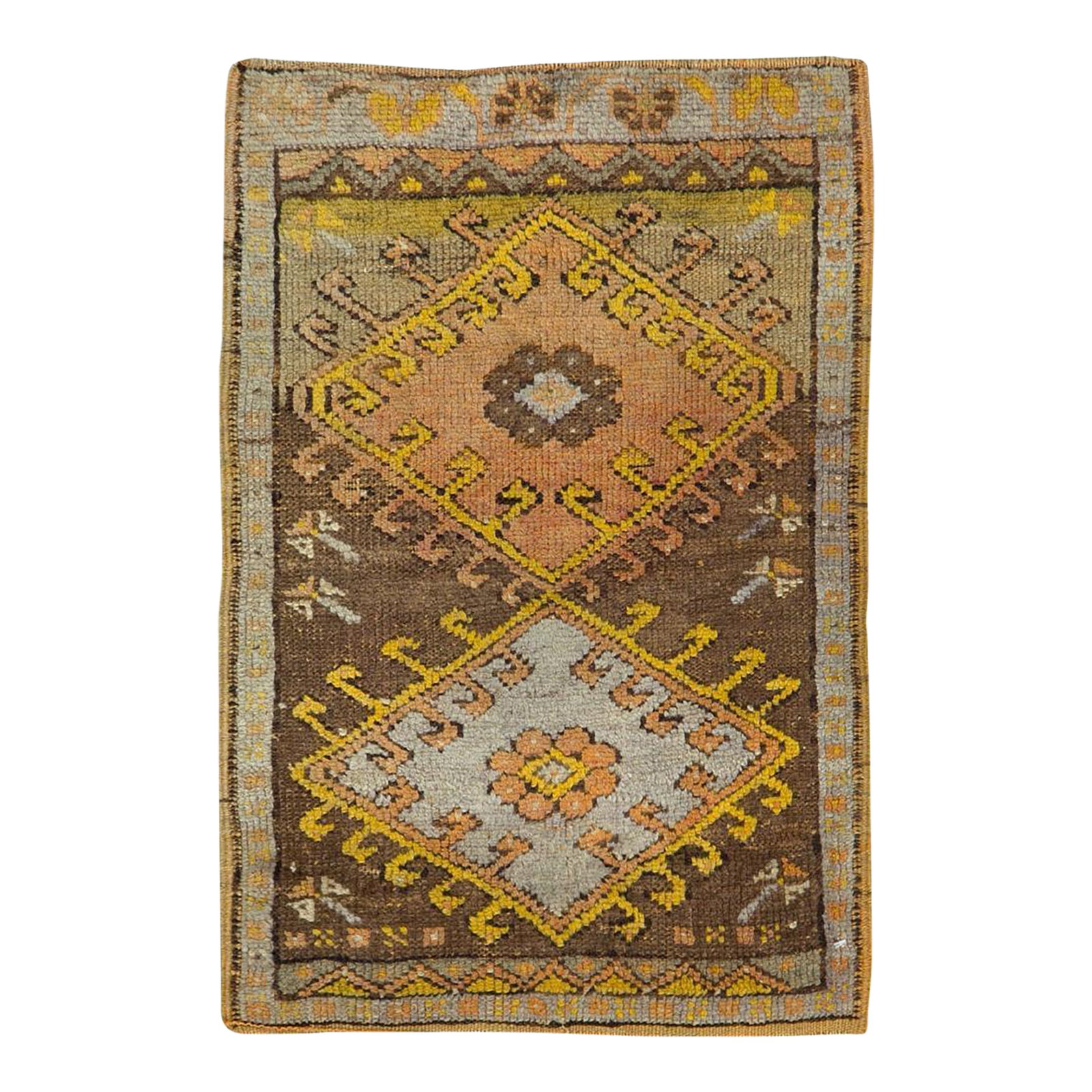 Galerie Shabab Collection Mid-20th Century Turkish Anatolian Throw Rug: This Mid-20th century Turkish Anatolian rug, measuring 1' 6" x 2' 2", is a compact yet richly expressive piece of regional weaving art. Anatolian rugs are celebrated for their bold use of geometric mo
