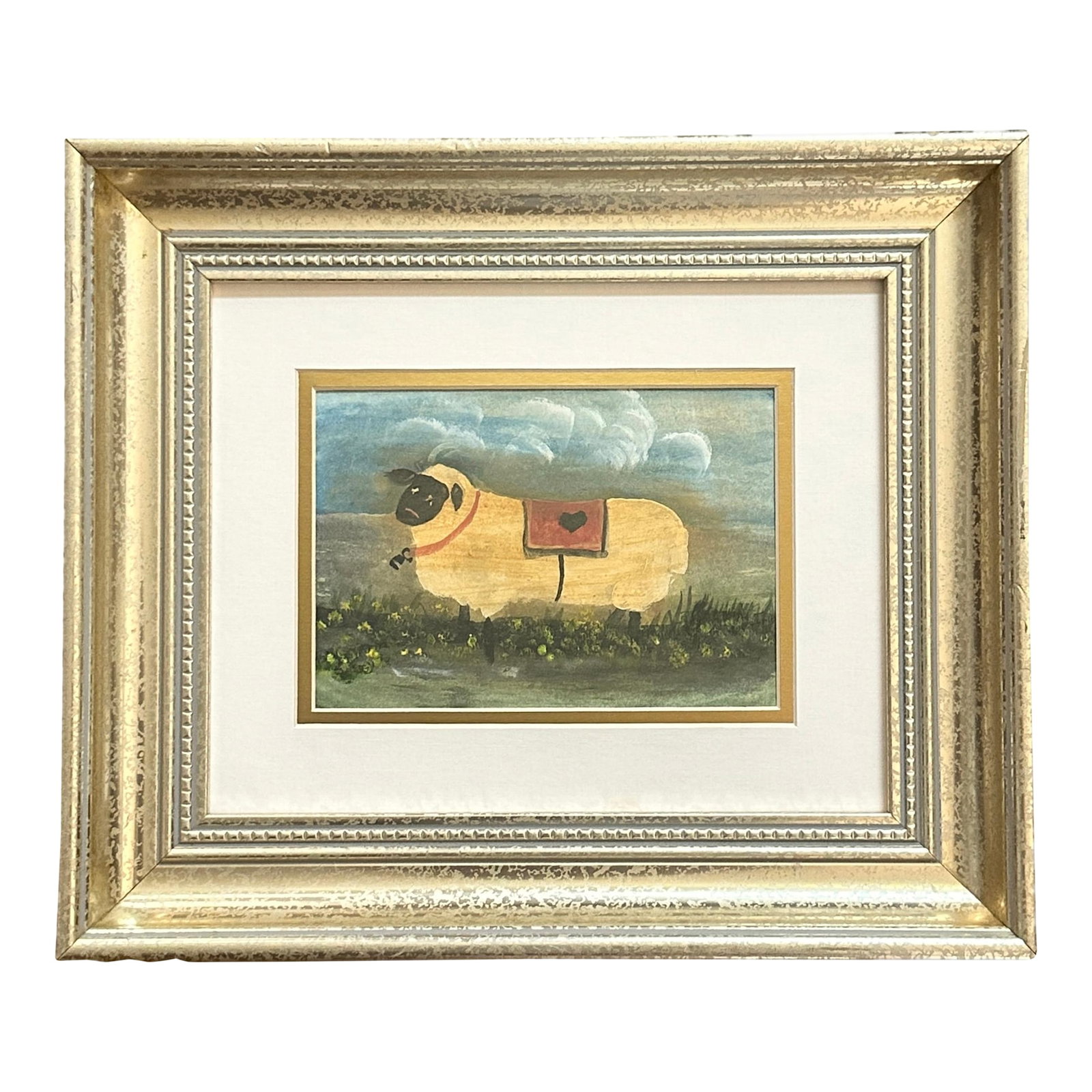 Vintage Folk Art Sheep with Heart Blanket: A delightful Folk Art painting of a whimsical sheep adorned with a heart-accented blanket, set against a charming pastoral backdrop. The playful details and vibrant colors evoke a sense of rustic warm