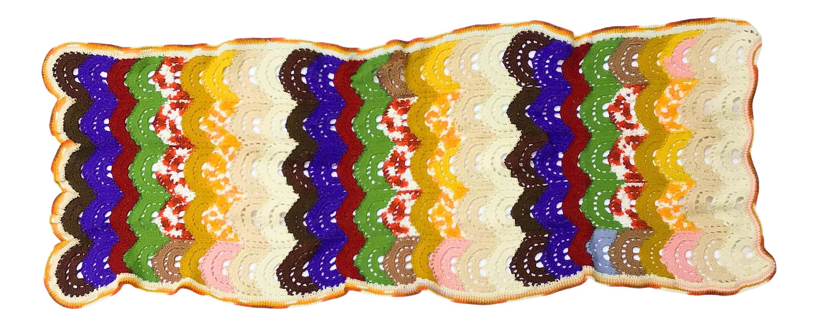 Vintage Pure Wool Hand Crocheted Coverlet: Beautiful and colorful crocheted blanket with scalloped design. This piece has been lovingly stored away for decades in a dust free environment. Ready to display or use as a warm blanket on a cold win